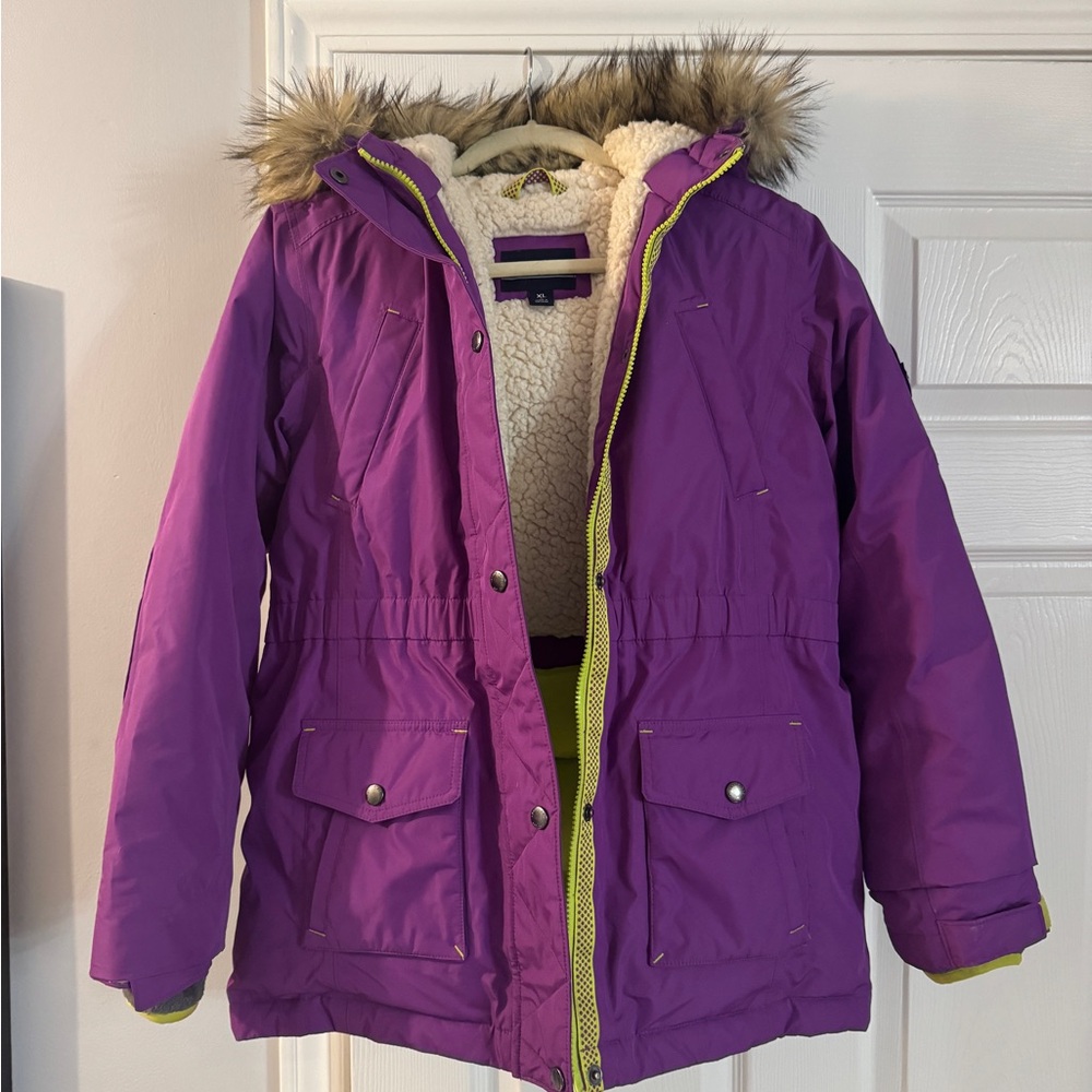 Lands End Purple Kids Puffer Jacket with Faux Fur Hood XL 16